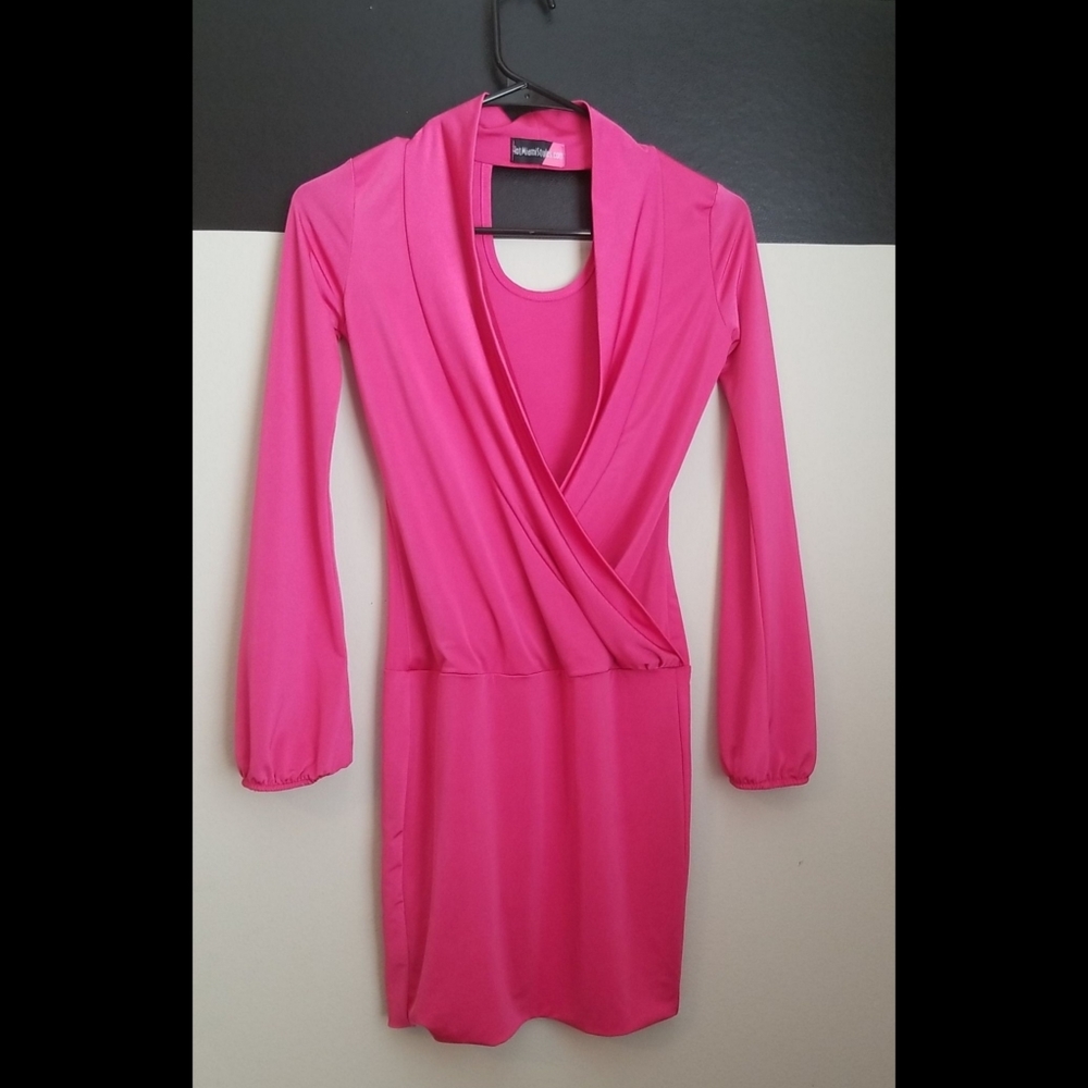 NEW LISTING! Fuchsia Wrapped Plunging Neck Mini Dress - Picture 7 of 15
